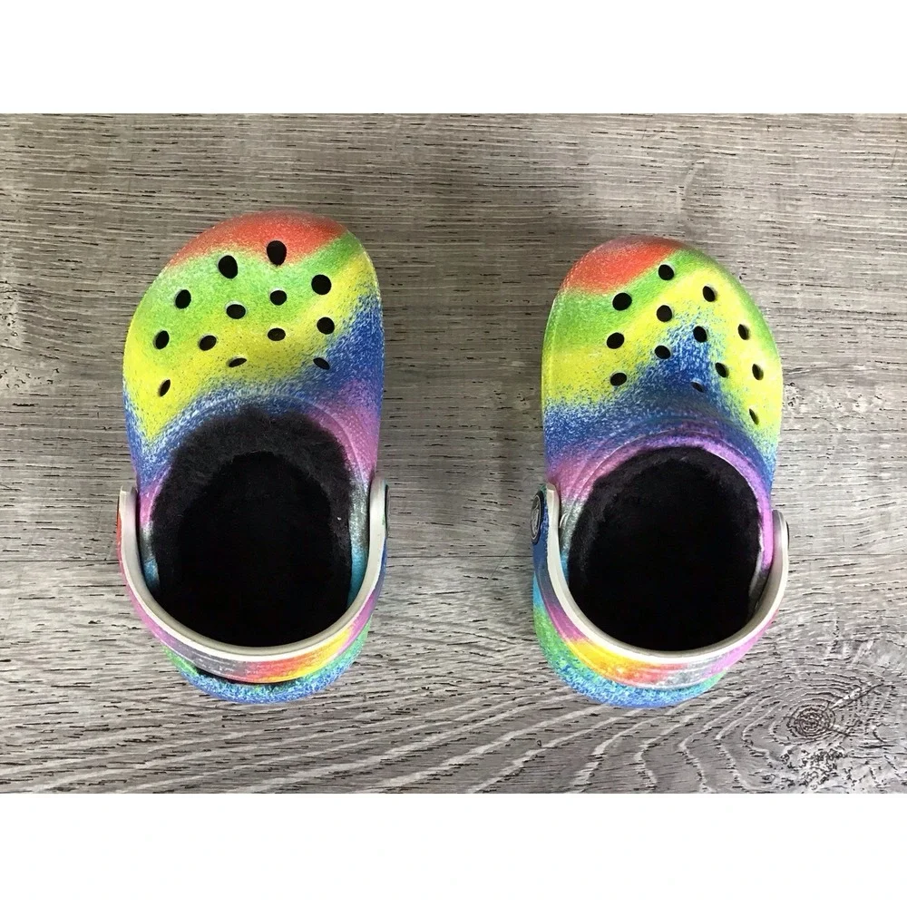 Crocs Baby Girls Size 4 C4 Rainbow Clogs Black Lined Shoes Slip On 208095